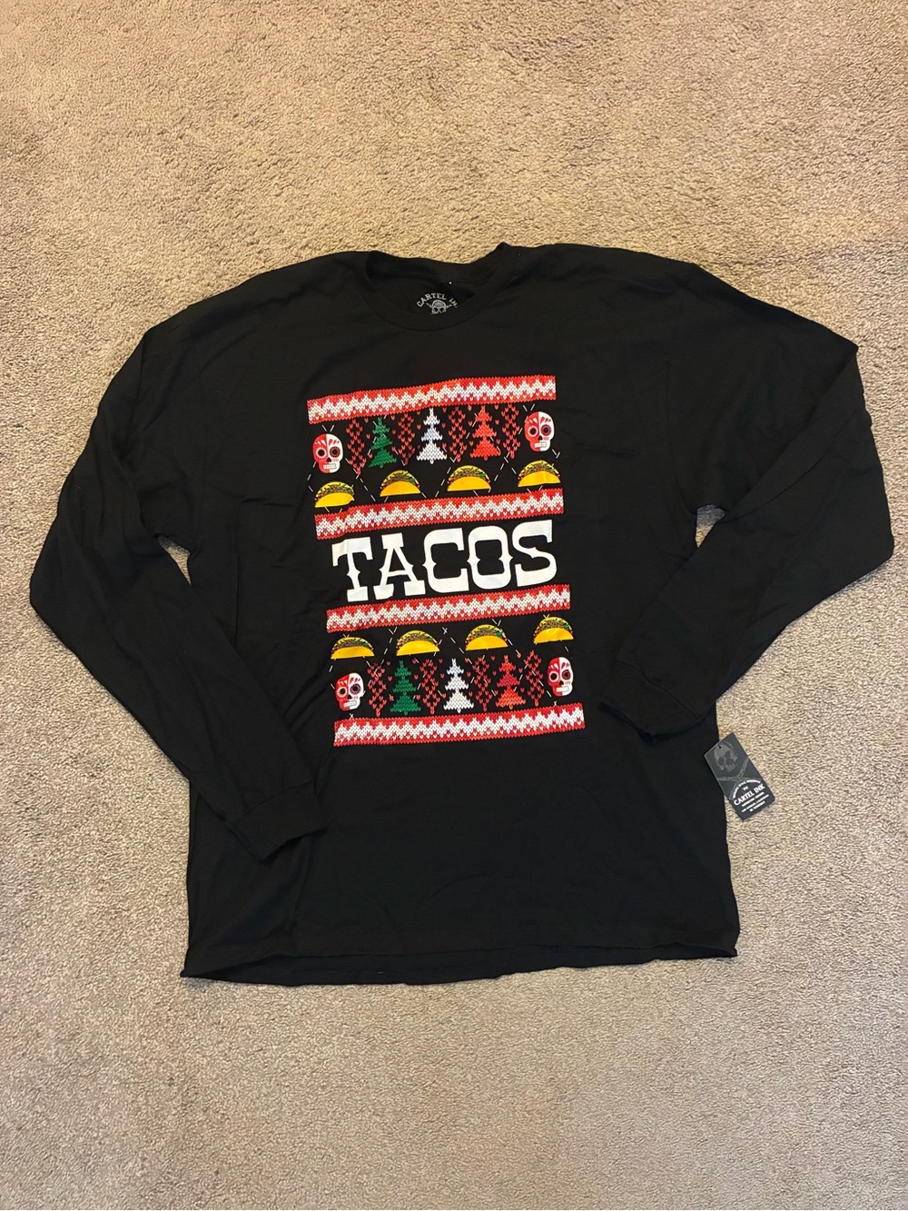 Cartel Ink Christmas Tacos Skull Menβs XL Long Sleeved cotton t-shirt